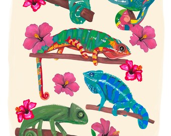 Lovely Lizard Art Print, Tropical and Vibrant Amphibian Wall Art, Colourful Creatures Home Décor, Lizards & Florals Collage, Illustration