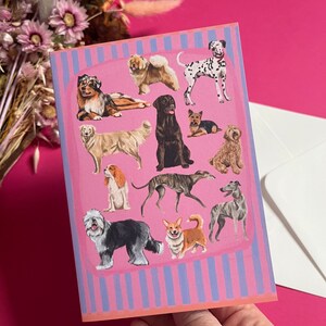 Biglietto d'auguri a righe colorate per cani/cuccioli, biglietto di auguri per compleanno di animali domestici, stampa di animali in formato A6, regalo rosa e blu, anniversario, nuova casa, biglietto di auguri per festeggiamenti