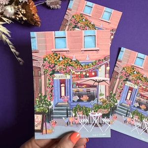Carte postale artistique The Coffee Shop, impression A6 illustrée Café mignon – velours laminé