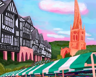 Impression d'art de Chesterfield Town Derbyshire, Royaume-Uni, illustration de voyage colorée, décoration d'intérieur A5 A4, art mural illustré