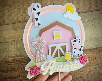 Personalized Farm Animals Cake Topper: Girl Birthday Party Decor