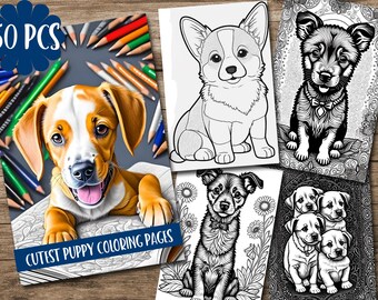 50 Cute Dogs and Puppys Coloring Page Book, Adults + kids- Instant Download Grayscale Coloring Page, Printable PDF, Dog coloring
