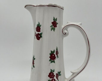 Vintage Andrea By Sadek Hand Painted Porcelain White Red Flower Ewer Pitcher