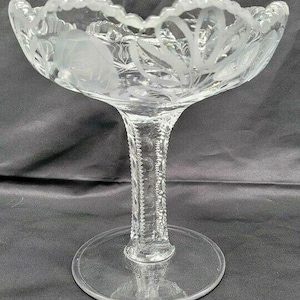 EAPG Cut Crystal Etched Roses Zipper Stem Clear Pedestal Compote