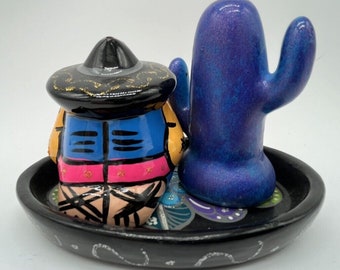Talavera Mexican Pottery Salt and Pepper Set Cactus Shape Neon Multicolor