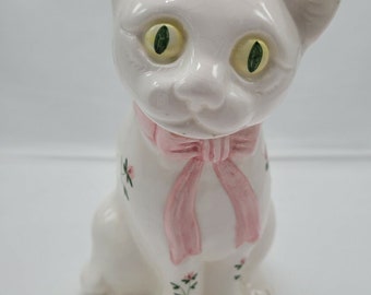 Lächelnde Katzenfigur aus weißer Keramik, Country Rose, handbemalt von Mann 1982