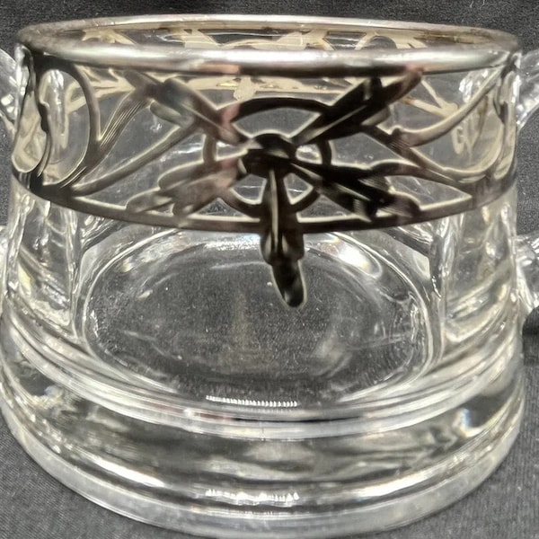 Art Deco Sterling Silver Overlay Crystal Sugar Bowl