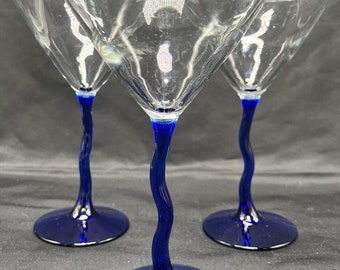 3 Vintage Wavy oder Z Stem Libbey Courbe Martini Gläser Zig Zag Kobaltblau