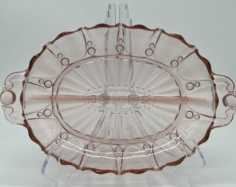 Anchor Hocking Austern und Perlen Rosa Glas Oval Geteilt Relish Dish Vintage