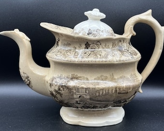 Antique Staffordshire Brown Transferware Large One Liter Porcelain Teapot W/ Lid