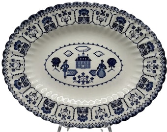 Royal Staffordshire Meakin Sampler Blau Weiß England 12-Zoll-Ovale Keramikplatte