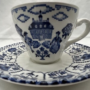 J and G Meakin Royal Staffordshire England Sampler Blue White Tea Cup and Saucer Set