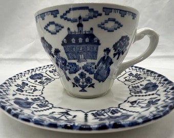 J und G Meakin Royal Staffordshire England Sampler Blau Weiß Teetasse und Untertasse Set