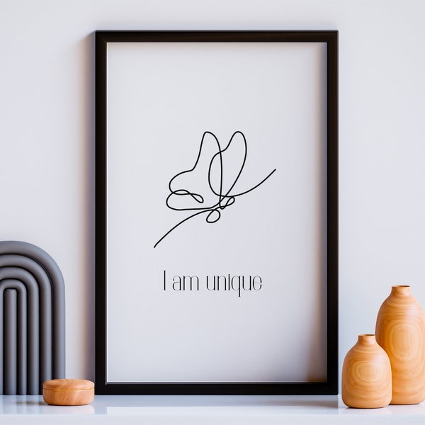 I am unique printable wall art, Boho printable wall art, Minimal printable wall art, home decor, printable wall art single butterfly