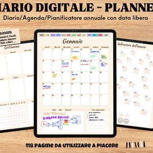Può includere: Un planner digitale sullo schermo di un tablet con un calendario per il mese di gennaio, un planner settimanale e un tracker dell'umore. Il calendario ha note e promemoria scritti a mano. Il tracker dell'umore è una griglia di stelle con i numeri da 1 a 31.