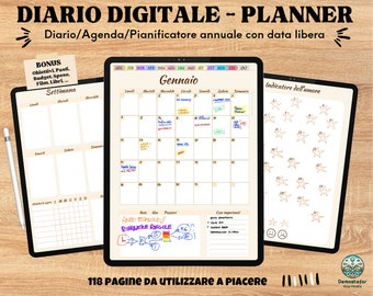 Agenda / Pianificatore / Diario Digitale senza data, Annuale, Mensile, Settimanale e Giornaliero, per iPAD e Tablet, semplice, completo.