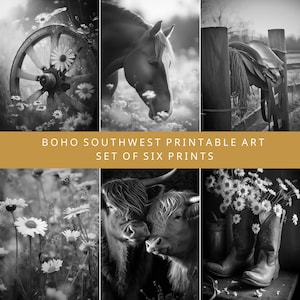 Western Gallery Wall, Boho Set of 6 Prints, Black and White, Farmhouse Southwestern Printable Art, Wyoming Poster Wall Art