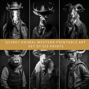 Western Gallery Wall, Boho Set of 6 Prints I Farmhouse Southwestern Printable Art I Quirky Animal Cowboy Rustic Farm Art I Black and White