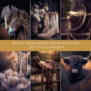 Western Gallery Wall, Boho Set of 6 Prints, Farmhouse Southwest Printable Art, Cow, Cactus, Cowboy Hat, Cowgirl Boots, Wild Horses, Wyoming