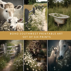 Western Gallery Wall, Boho Set of 6 Prints, Farmhouse Southwestern Printable Art, Cow Print, Wildflowers, Farm Horse, Wyoming Wilderness