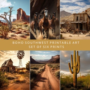 Western Gallery Wall, Boho Set of 6 Prints, Farmhouse Southwest Printable Art, Cactus, Desert Road, Wild Horses, Windmill, Cowboy Shack
