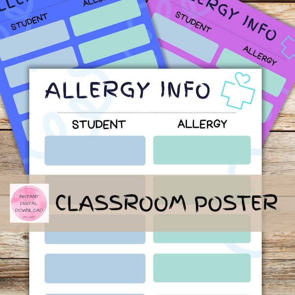 Child allergy printable poster for school or daycare, food allergy list, DIGTAL DOWNLOAD, in home daycare, allergy labels, daycare forms,PDF