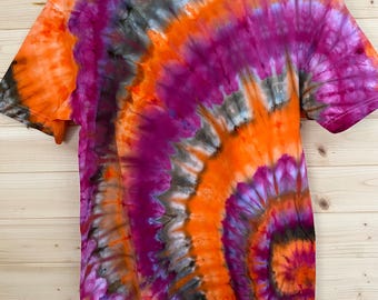 Orange Crush Ice Dyed Tie Dye T-Shirt – Handmade Orange Purple Olive Green Tee – Unisex Boho Festival Shirt – Earthy Vibrant Cotton Tie Dye
