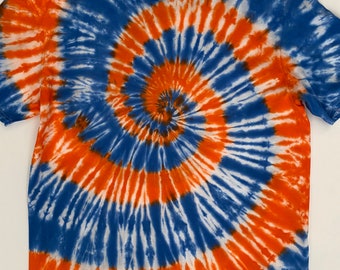 Ballfield Spiral Tie Dye T-Shirt Handmade Medium Blue & Orange Sports Style Shirt - Unisex Baseball Game Day Tee - Sports Team Lover Gift