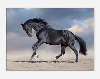 Black Stallion Runs on Desert Dust Against Blue Background, Canvas Wall Art, Home Decor, Horse Lover Gift