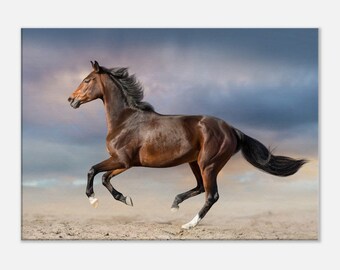 Bay Stallion with Long Mane Runs Fast against Dramatic Sky in Dust, Canvas Wall Art, Home Decor, Horse Lover Gift