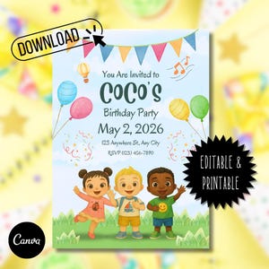 Editable Birthday Invitation Template | Cute Cartoon Kids Theme | Instant Download | Edit with Canva | Printable Digital Invite