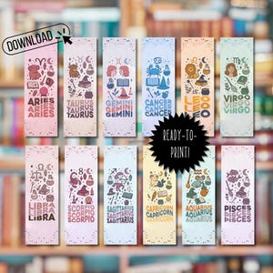 Printable Zodiac Bookmarks | Witchy Astrology Bookmark Set | 12 Zodiac Signs | Digital Download | Astrology Gifts for Book Lovers