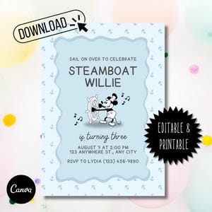 Steamboat Willie Birthday Invitation | Editable Canva Template | Mickey Mouse Party Invite | Instant Download | Digital and Printable