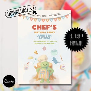 Tiny Chef Birthday Invitation | Editable Chef Party Invite Canva Template | Instant Download