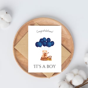 Biglietto carino orsacchiotto, biglietto per neonato, biglietto stampabile It's a Boy, biglietto di benvenuto per neonato, biglietto orsacchiotto per neonato, download istantaneo