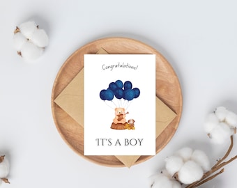 Cute Teddy Bear Card, New Baby Boy Card, Printable It's a Boy Card, Welcome New Baby Card, Teddy Bear Card for Baby Boy, Instant Download