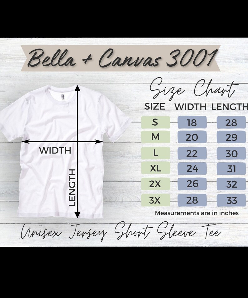 Może przedstawiać: Biały, unisexowy t-shirt z kr&oacute;tkim rękawem z tabelą rozmiar&oacute;w pokazującą wymiary w calach. Tabela pokazuje szerokość i długość koszulki w rozmiarach S, M, L, XL, 2X i 3X.