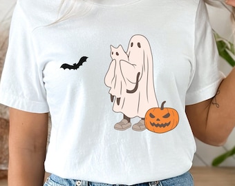 Koszulka z motywem Halloween Ghost Cat: Upiorna jesienna koszulka