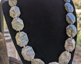 Hand Knotted Gray Labradorite Necklace w/ Diamond Clasp, labradorite jewelry, blue flash labradorite stone, octagon sones