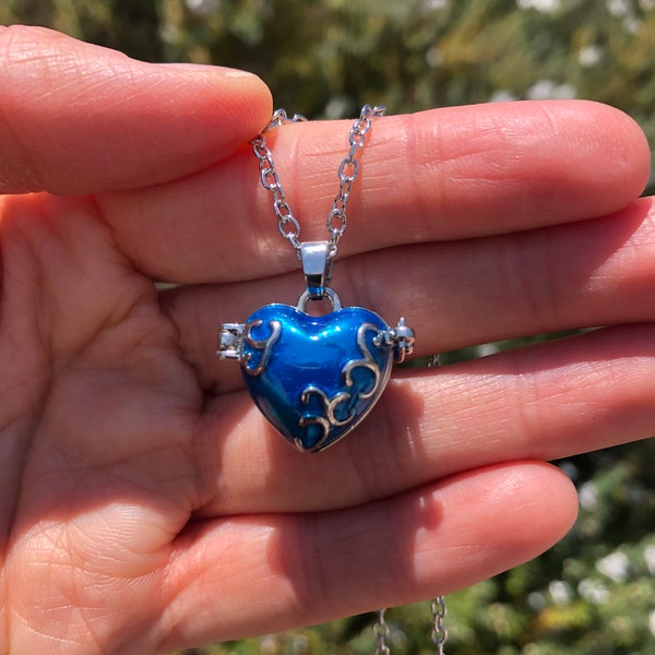 Openable Blue Love Heart Locket Pendant Necklace, Jewelry Gift for Her, Heart Wish Locket