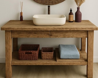 Rustic Solid Wood Vanity – Handmade Bathroom Cabinet with Shelf & Drawers