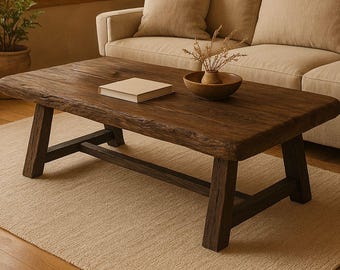 Rustic Solid Wood Coffee Table – Handmade Dark Rectangular Farmhouse Living Room Centerpiece