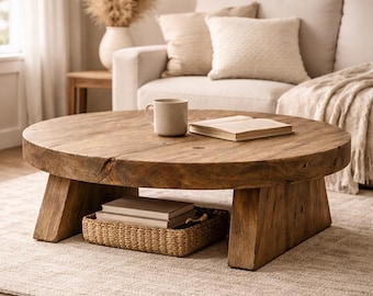Round Solid Wood Coffee Table – Rustic Farmhouse Low Table, Handmade, Living Room