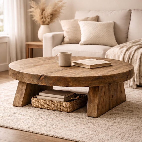 Round Solid Wood Coffee Table – Rustic Farmhouse Low Table, Handmade, Living Room