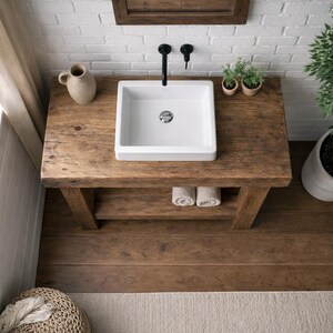 Rustic Solid Wood Bathroom Vanity with Thick Shelf – Handmade Farmhouse Sink Cabinet image 5