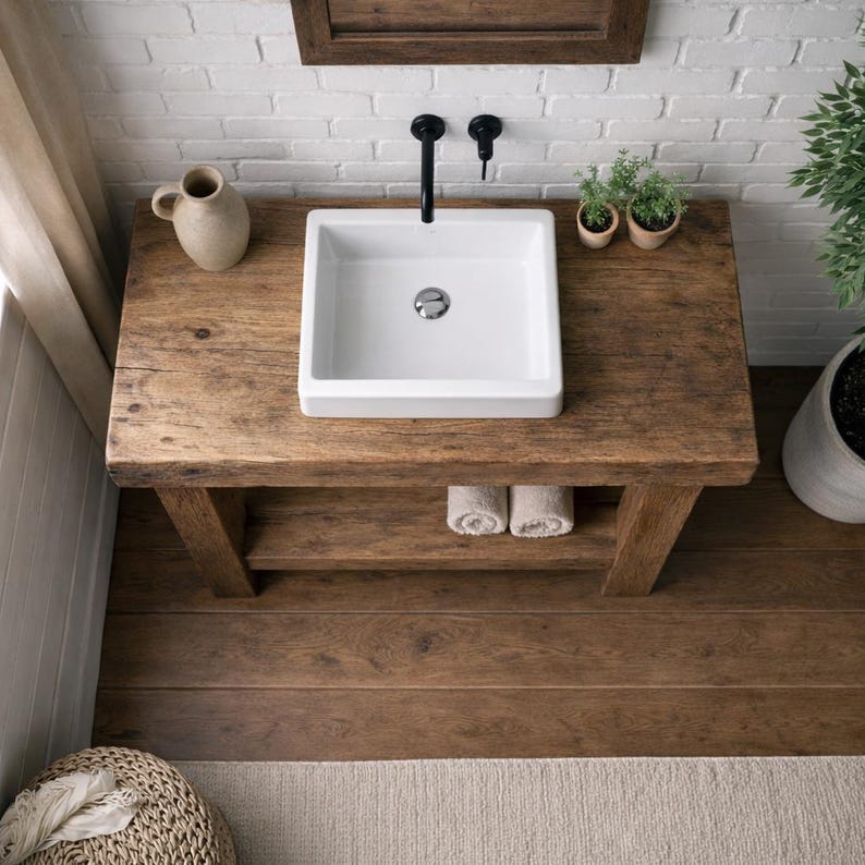 Rustic Solid Wood Bathroom Vanity with Thick Shelf – Handmade Farmhouse Sink Cabinet image 5