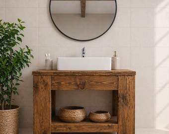 Rustic Solid Wood Bathroom Vanity with Shelf, Farmhouse Sink Cabinet, Handmade Vanity, Natural Wood Furniture
