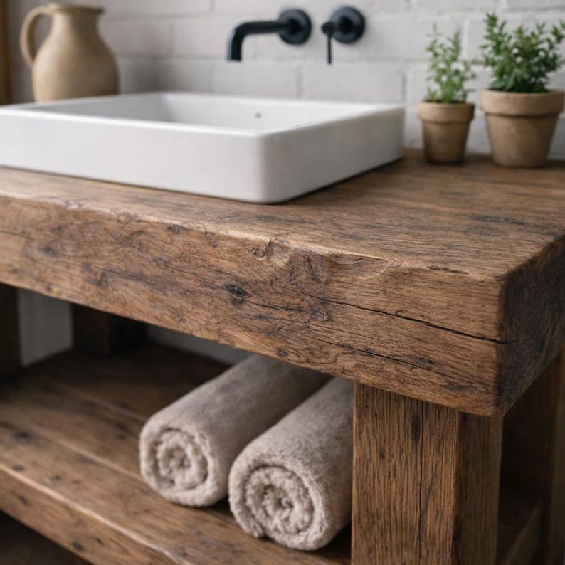 Rustic Solid Wood Bathroom Vanity with Thick Shelf – Handmade Farmhouse Sink Cabinet image 3