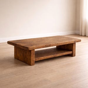 May include: A rectangular, rustic coffee table made of weathered wood. The table has a lower shelf for storage and is finished in a warm, natural brown tone. The table is approximately 48 inches long, 24 inches wide, and 16 inches high.