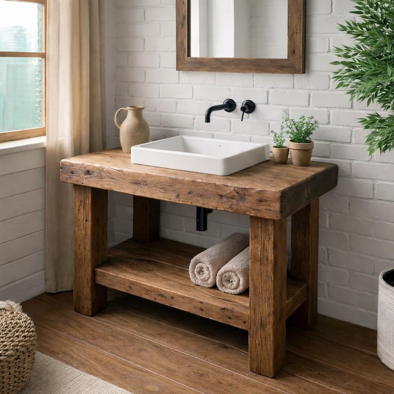 Rustic Solid Wood Bathroom Vanity with Thick Shelf – Handmade Farmhouse Sink Cabinet image 6
